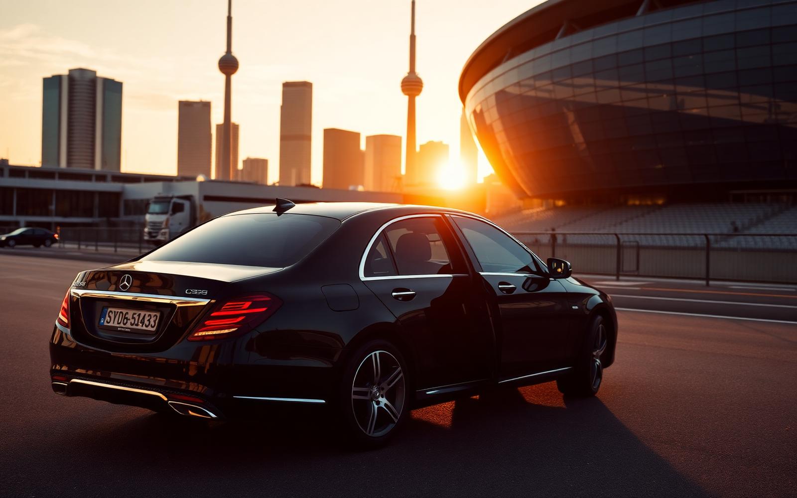 Black Mercedes sedan outside a modern stadium at sunset with Toronto skyline